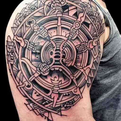 intricate japanese mayan yakuza tattoo, geometric dark animal tattoo, tattoo on upper arm