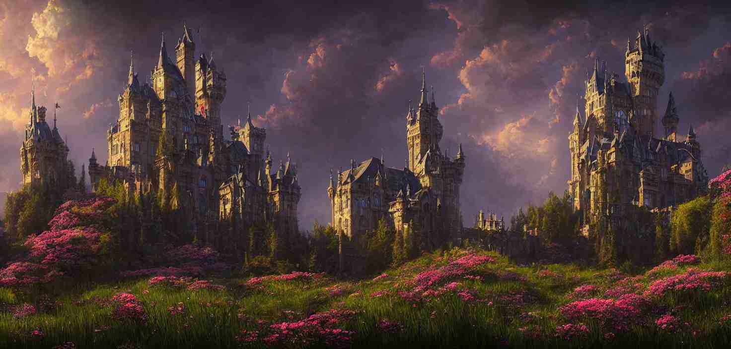 fabulous gothic castle surrounded by flowers, a castle by the river in the evening twilight, cinematic view, epic sky, detailed, concept art, low angle, high detail, warm lighting, volumetric, godrays, vivid, beautiful, trending on artstation, by jordan grimmer, huge scene, grass, art greg rutkowski 