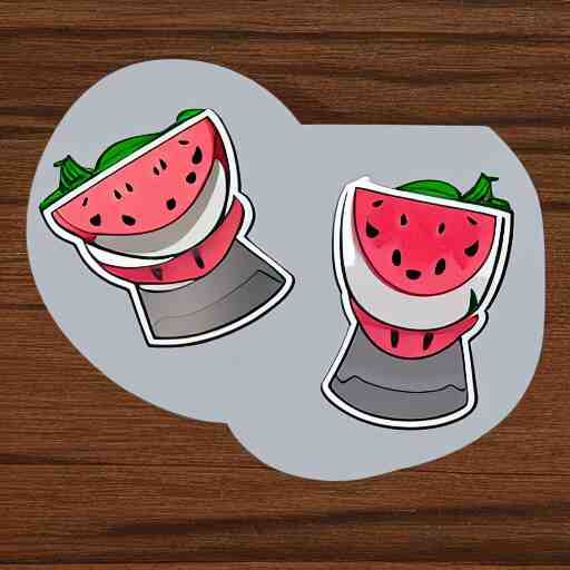 hand holding cartoon diecut sticker of cute kawaii watermellon slice with white border and light gray background