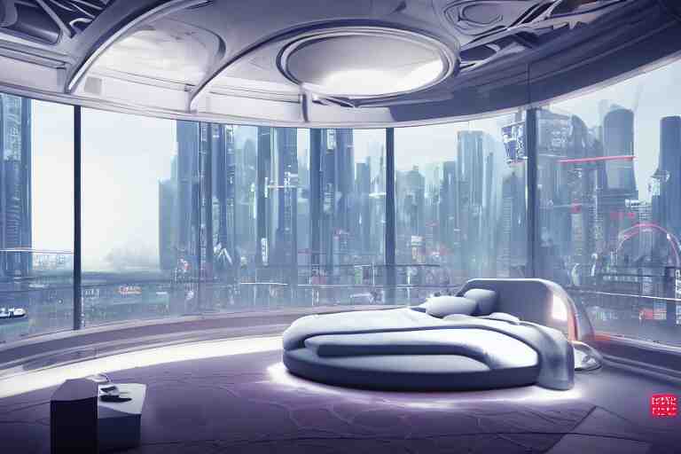 a futuristic luxury white bedroom with curved ceiling high windows looking out to a far future cyberpunk cityscape with many flying cars, night time, neon lights, cinematic 3d render, unreal engine 5, cgsociety