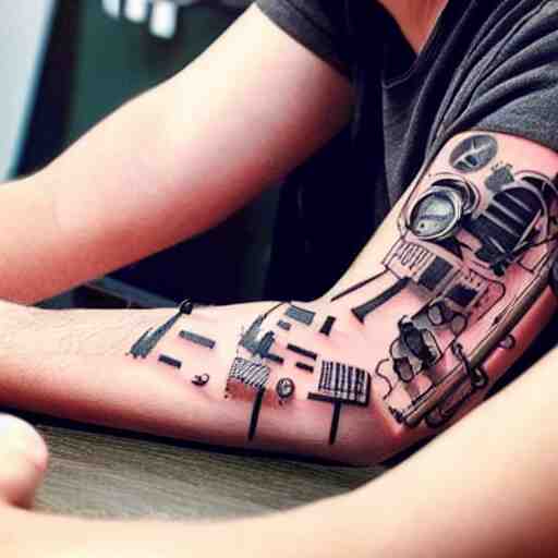 tattoo of a sp - 4 0 4 audio mixer along forearm 