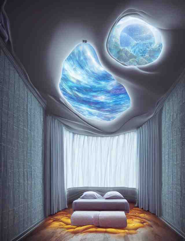 an ultra wide angle photo of a bed hovering above the floor in the middle of a giant bedroom with windows opening to other worlds by casey weldon and lee madgewick, photorealistic, octane render, recursive, flowing, cascading, multiverse, labyrinthine 