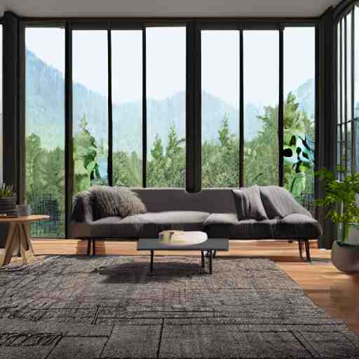 architecture render of a beautiful modern living room with wood floors, large windows with a beautiful view, an area rug, forest, mountains, realistic, hd, 8 k, digital rendering, unreal engine, blender, octane, maya 