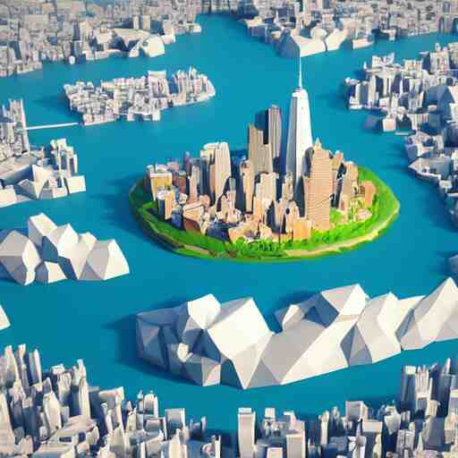 floating island with new york city in the sky, low poly, isometric art, 3d art, high detail, artstation, concept art, behance, ray tracing, smooth, sharp focus, ethereal lighting