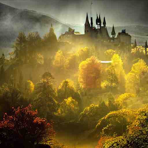 magical academy on a mountain, town below, mist, mystical, happy, sunshine, realistic, by bagshaw, tom 