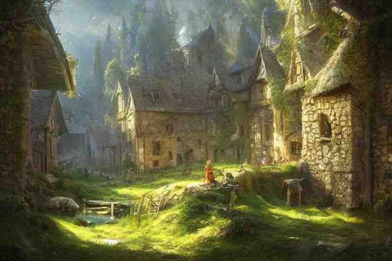 a medieval village with a stream in a forested valley by jessica rossier and brian froud cinematic painting 