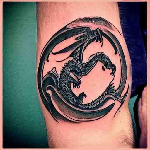 Tattoo of a dragon starting from the elbow, wrapping around the wrist in a downward spiral, emerald placed inside of the dragons mouth, forearm tattoo