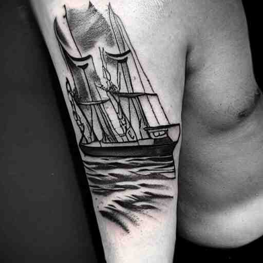 a pirate ship sailing in the sea, realism tattoo design, white paper background, by Matteo Pasqualin tattoo artist