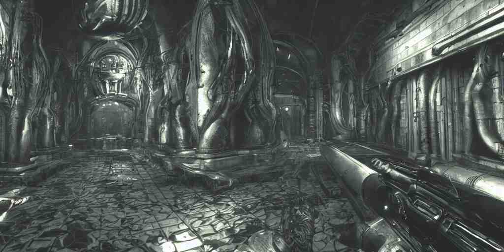 Gameplay footage of a first person game designed by H.R Giger and Kojjima, amazing graphics, raytracing, detailed