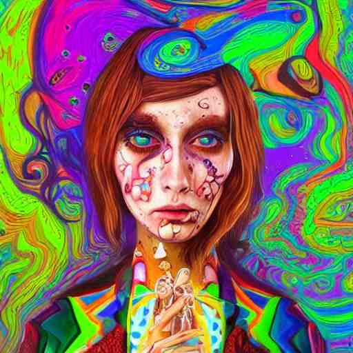 An extremely psychedelic portrait of Alice , in wonderland , surreal, LSD, face, detailed, intricate, elegant, lithe, highly detailed, digital painting, artstation, concept art, smooth, sharp focus, illustration