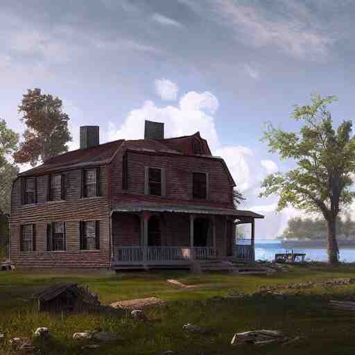 colonial house on the shore of Lake Huron, felix Kelly, artstation, Matte painting