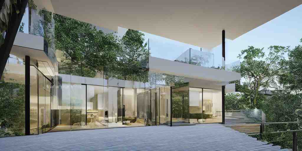 3d rendering  of beautiful nature meets architecture concept of a residential house by Kengo Kuma, volumetric lighting, luxury, high detail, 14mm,  glass railing, outdoor staircase, terraces, roof garden, cinematic photography, cg architects,  high resolution