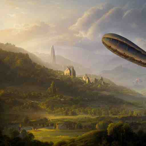 Vast verdant valley surrounded by Transylvanian mountains, with a large zeppelin hovering in the foreground, and a ruined medieval castle on the hillside in the background. No villages. Late evening light in the summer, gloomy weather. Hyperrealistic, high quality, sharp, highly detailed, peter mohrbacher,.