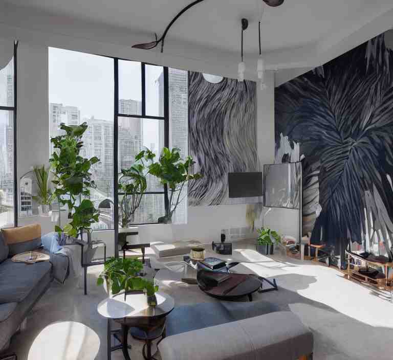 interior of luxury condominium with minimalist furniture and lush house plants and abstract wall paintings | modern architecture by makoto shinkai, ilya kuvshinov, lois van baarle, rossdraws and frank lloyd wright 