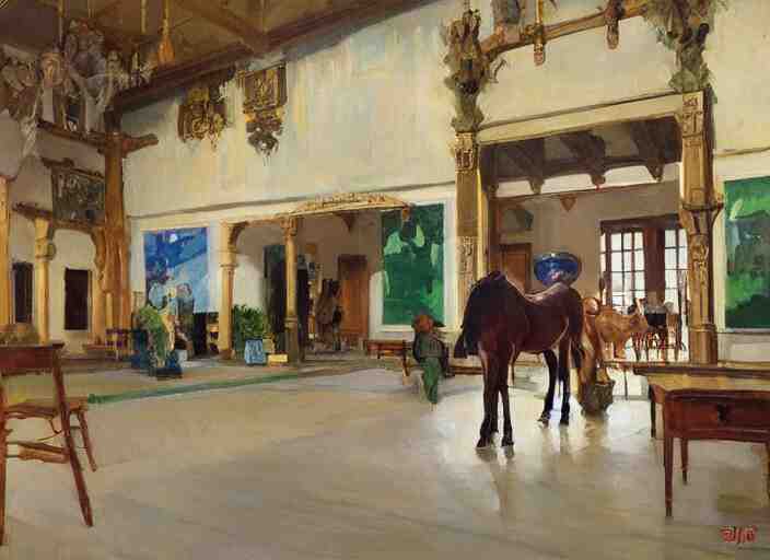main hall with horse statues, green and brown decorations by studio ghibli painting, by joaquin sorolla rhads leyendecke 