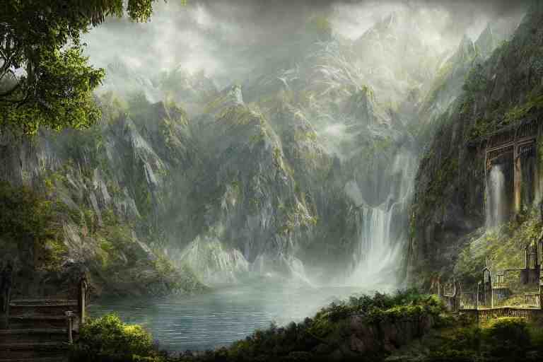 rivendell from lord of the rings matte painting by yanick dusseault and dylan cole, artstation, 4 k, insanely detailed, 