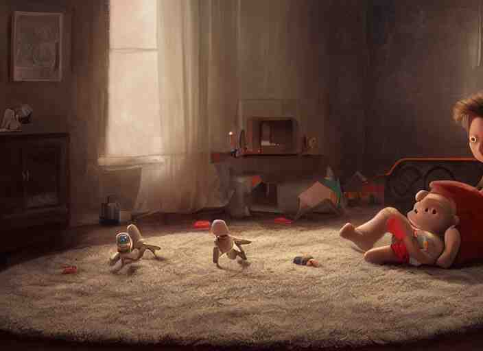 lonely toddler elon musk sitting on a shaggy rug playing with his little rockets, bedroom, realistic painting, beautiful soft lighting, istvan sandorfi 