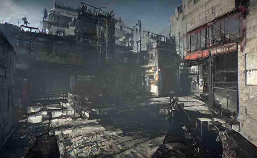 secret entrance to overrun skycraper, background of dying light ...