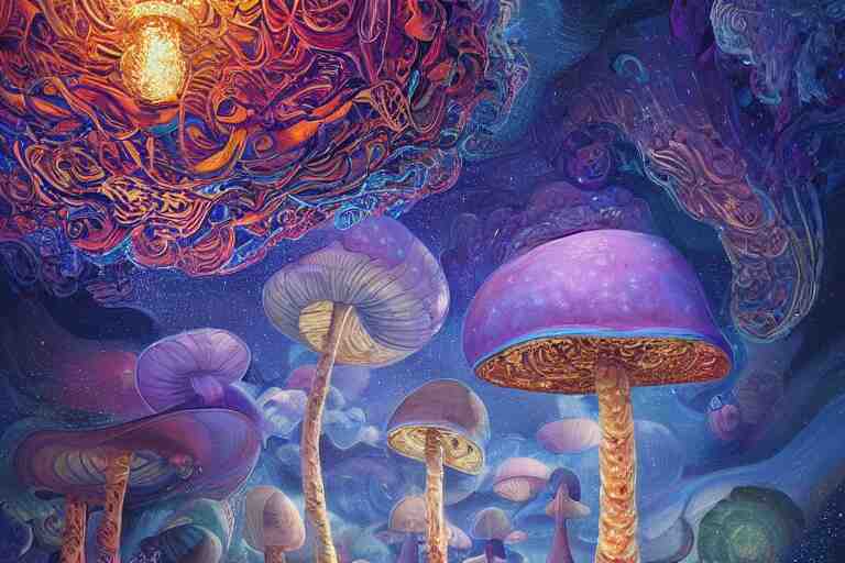 trippy cosmic mushroom, oil on canvas, intricate, portrait, 8k highly professionally detailed, HDR, CGsociety, illustration painting by Mandy Jurgens and Małgorzata Kmiec and Dang My Linh and Lulu Chen and Alexis Franklin and Filip Hodas and Pascal Blanché and Bastien Lecouffe Deharme, detailed intricate ink illustration, heavenly atmosphere, detailed illustration, hd, 4k, digital art, overdetailed art, concept art, complementing colors, trending on artstation, Cgstudio, the most beautiful image ever created, dramatic, subtle details, illustration painting by alphonse mucha and frank frazetta daarken, vibrant colors, 8K, style by Wes Anderson, award winning artwork, high quality printing, fine art, gold elements, intricate, epic lighting, very very very very beautiful scenery, 8k resolution, digital painting, sharp focus, professional art, atmospheric environment, art by artgerm and greg rutkowski, by simon stålenhag, rendered by Beeple, by Makoto Shinkai, syd meade, 8k ultra hd, artstationHD, 3d render, hyper detailed, elegant, by craig mullins and marc simonetti, Ross Tran and WLOP, by Andrew Wyeth and Gerald Brom, John singer Sargent and James gurney