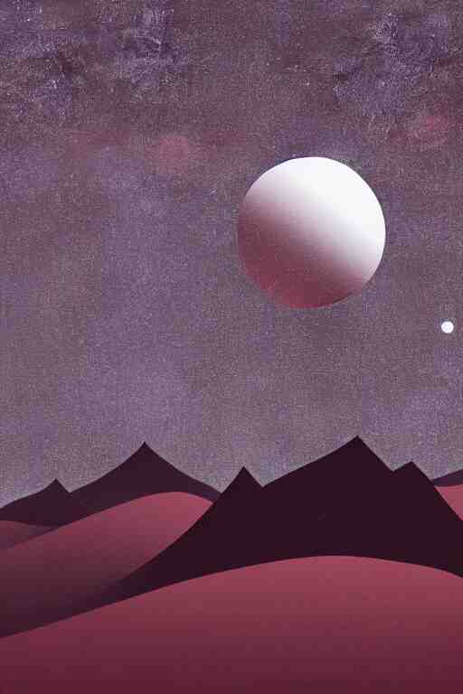 geometric 3 d render, dark color palate, mountains with a crescent moon stars 