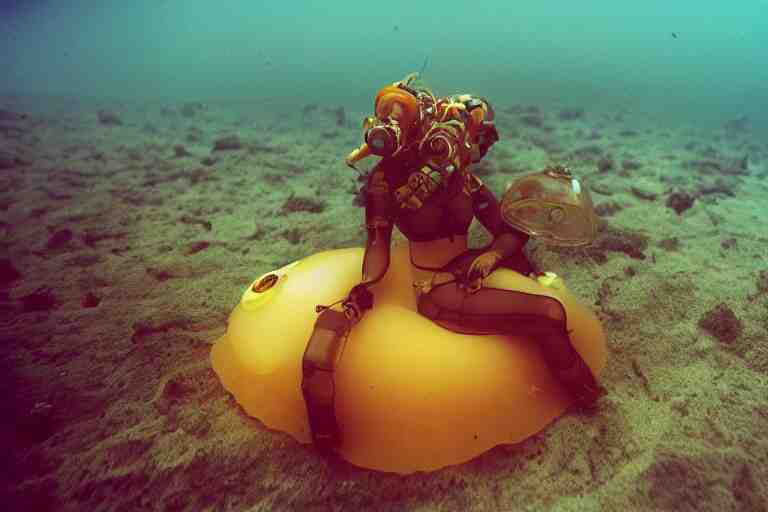 high-angle view of a Ukrainian lush female jellyfish human hybrid wearing vacuum tube amp roman armor and transparent amber neck guard with transparent digital number readout floating in front of face, sitting inside of an underwater airport terminal with a large submarines in the horizon silt rising from the seabed floor, filing cabinets in the sand, ektachrome color photograph, volumetric lighting, off-camera flash, 24mm f8 aperture