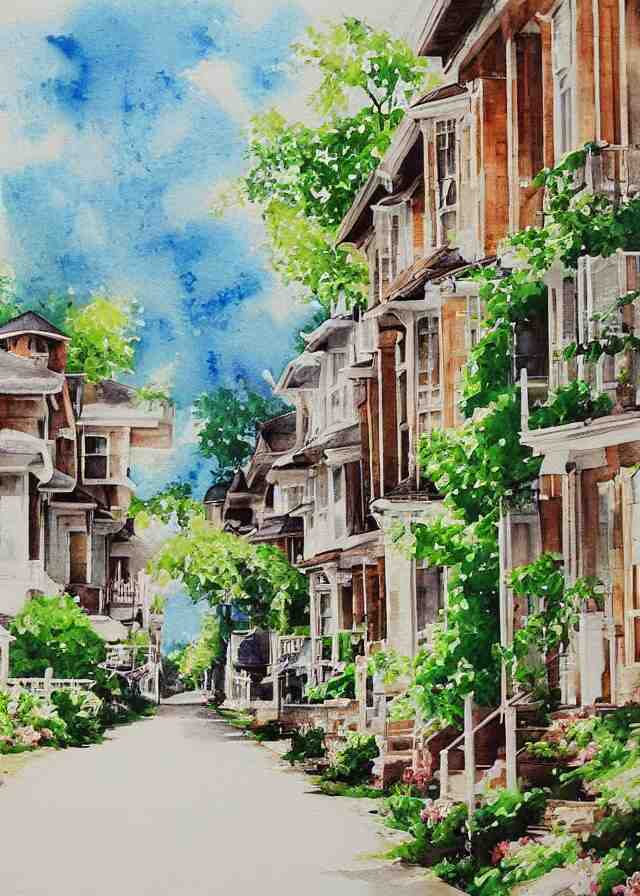 street lined with old residential houses summer watercolor by arti chauhan trending on artstation 