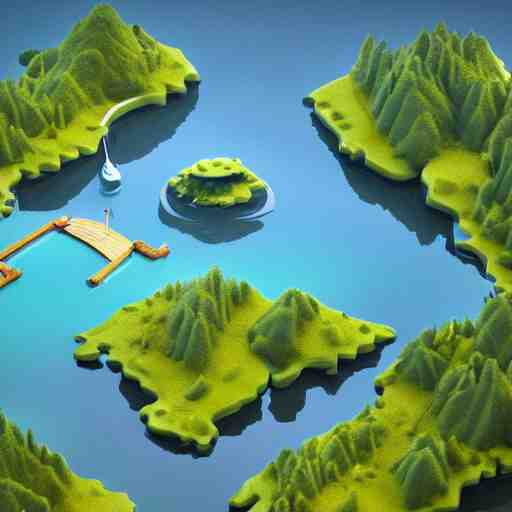 a floating island on an aquatic environment isometric art, lago di sorapis landscape, low poly art, game art, artstation, 3D render, high detail, cgsociety, octane render