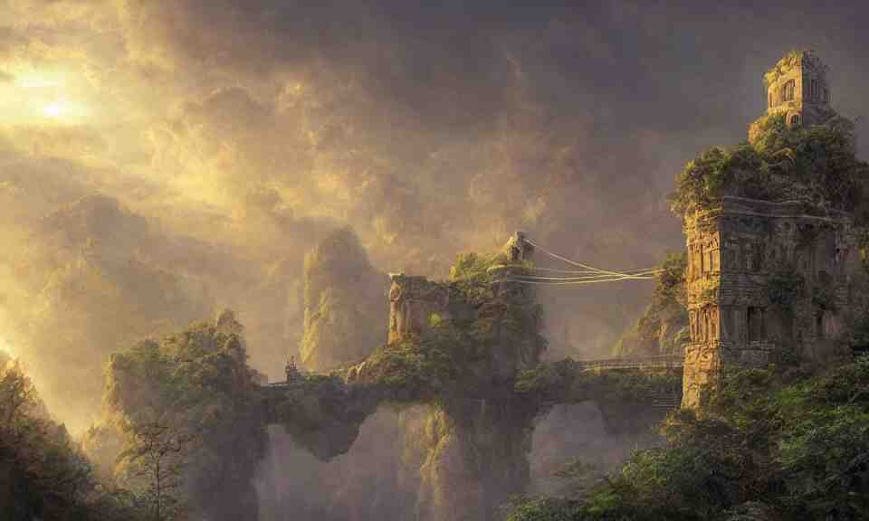 a suspension bridge leading to a small flying island in the sky with the ruins of a tower, stunning digital illustration, by james gurney, cinematic lighting, intense colors, beautiful composition, detailed, mystical, beautiful and mysterious 