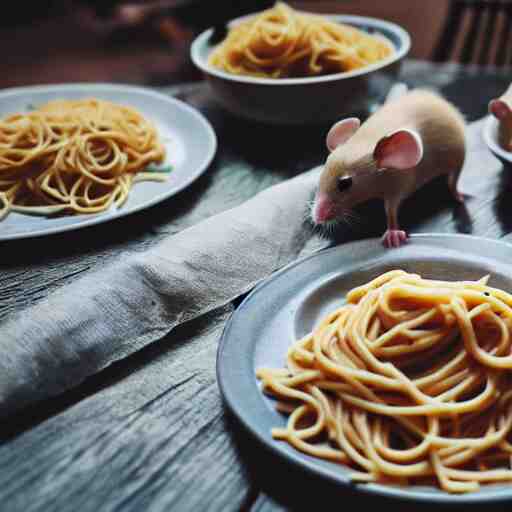 photo of mice eating pasta, dynamic lighting 