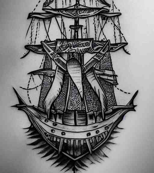 A realistic tattoo design sketch of a pirate ship, paper background, black and white tattoo, highly detailed tattoo, shaded tattoo, hyper-realistic tattoo