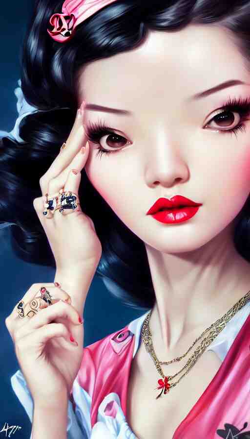 a pin up and beautiful fashion and charming and dreamlke asian girl with lv jewelry, medium shot, art by artgerm & ross tran & wlop, hyperdetailed, 8 k realistic, symmetrical, frostbite 3 engine, cryengine, dof, trending on artstation, digital art 