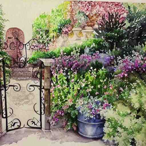 delicate, garden, paved, botanic watercolors, iridescent, 8 k, realistic shaded, fine details, artstation, italian, chairs, iron gate, pine maritime, mediterranean 