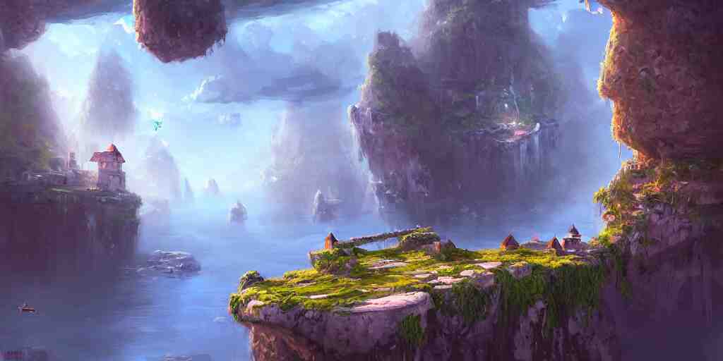 peaceful village built on floating rocks in the sky, rope bridges, birds in background, high fantasy, detailed, digital painting, realistic, landscape by jonathan berube 