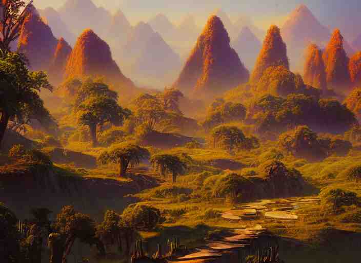 The ash lands of Morrowind by Bruce Pennington, fantasy landscape, oil painting, 8k, featured on artstation, elegant, intricate