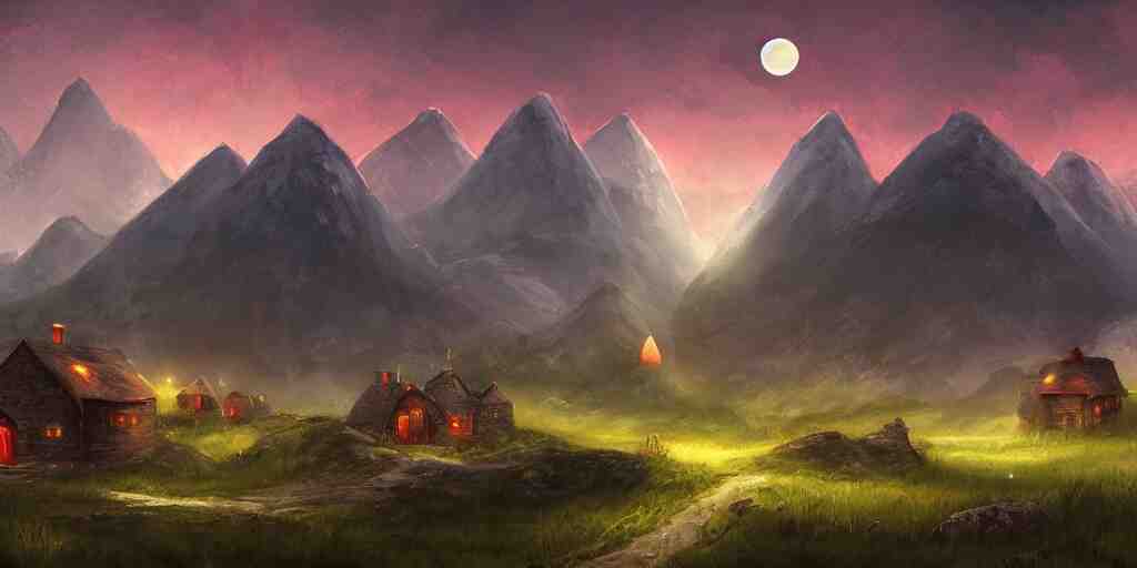 Blood soaked fields with large mountains in the distance, small cottage in the foreground, nighttime, moon in the night sky, landscape wallpaper, d&d art, fantasy, painted, 4k, high detail, sharp focus