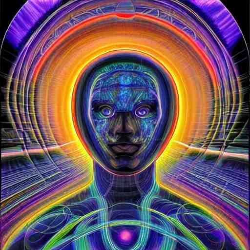 black void surrounding visions of the future by alex grey, award - winning, digital painting, hyperdetailed, cosmic 