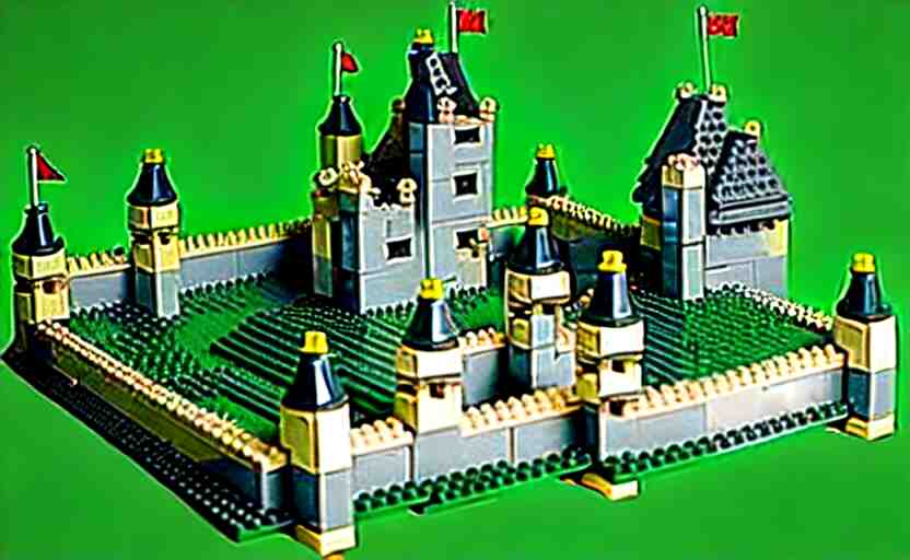 a realistic detailed accurate Lego set of a medieval French castle on a green hill