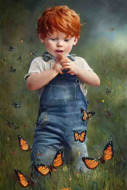 a three year old boy with ginger hair wearing denim overalls chasing butterflies. clean elegant painting, beautiful detailed face, lots of butterflies. by magali villanueve and artgerm and greg rutkowski 