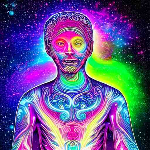 A man's soul becoming one with the galaxy by lisa frank, space, vibrant, colorful, digital art, peaceful, dmt, psychedelic,