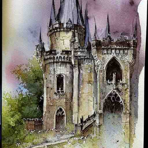 (((((((watercolor sketch of Gothic revival castle gatehouse. painterly, book illustration watercolor granular splatter dripping paper texture. pen and ink))))))) . muted colors. by Jean-Baptiste Monge !!!!!!!!!!!!!!!!!!!!!!!!!!!!!!!!!!!!!!!!