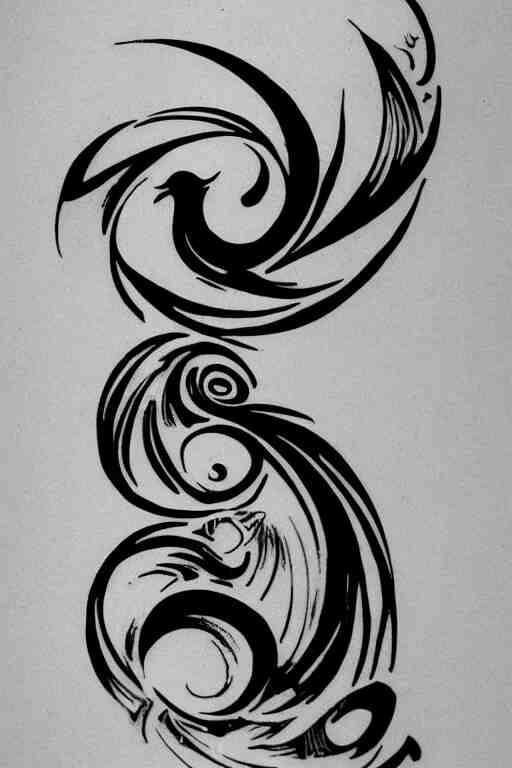 a simple tattoo design of birds flying in a 2 spiral, black ink, logo 