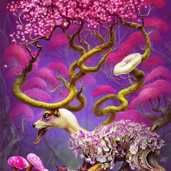 extremely psychedelic animal made of orchid and cherry blossom tree and mushroom, LSD, diffuse lighting, fantasy, intricate, elegant, highly detailed, lifelike, photorealistic, digital painting, artstation, illustration, concept art, smooth, sharp focus, art by John Collier and Albert Aublet and Krenz Cushart and Artem Demura and Alphonse Mucha