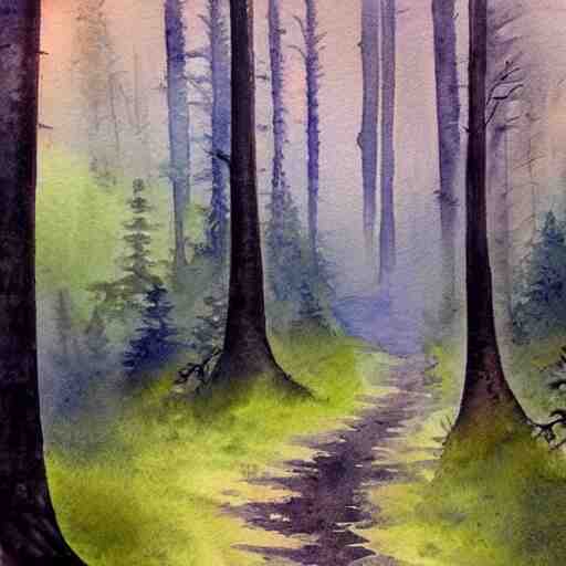 a beautiful watercolor painting of a misty hollow with a winding path through an appalachian pine forest at dawn, godrays, mystical, deep shadows, epic scale 