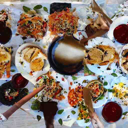 opulent banquet of plates of freshly baked chocolate chip cookies, jelly beans, chocolate sauce, marshmallows, highly detailed, food photography, art by rembrandt 