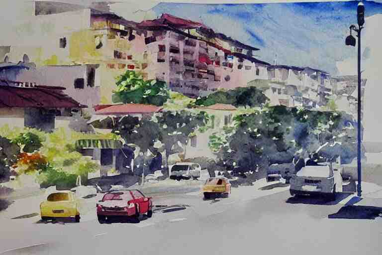 !! watercolor!! penang road in a sunny day, artwork by tooth wu, colorful contrast,!!!! very coherent!!!!, dark shadow, thick lineart 