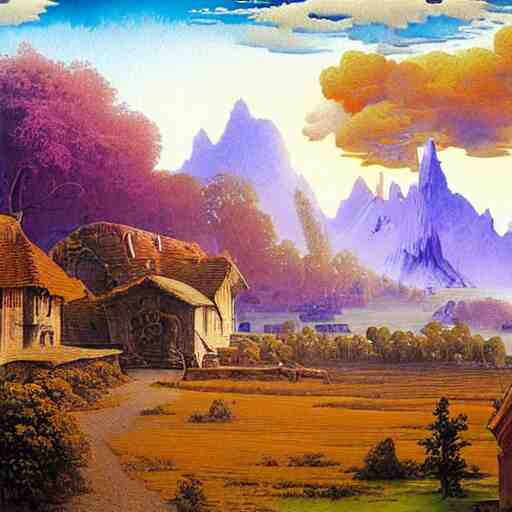 a beautiful painting renaissance painting by bob ross and lawlery botticello, panorama, psychedelic painting dark dusty village apparition, by bruce pennington and vincent jusko, watercolor, 2 d game art 