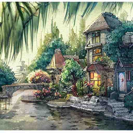 Beautiful happy picturesque charming sci-fi town in harmony with nature. Beautiful light. Water and plants. Nice colour scheme, soft warm colour. Beautiful detailed artistic watercolor by Vincent. (2060)