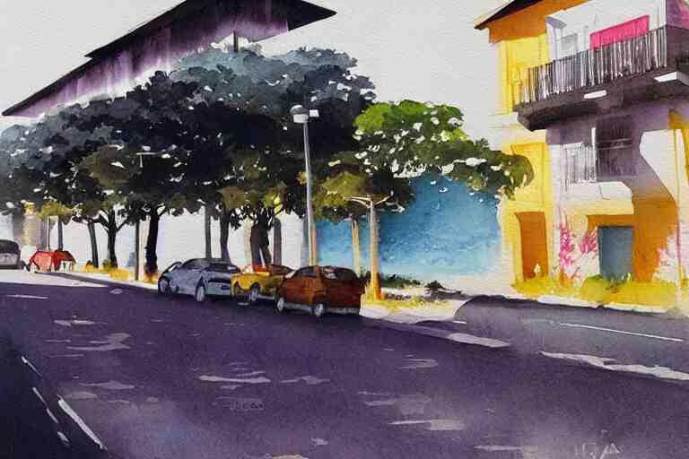 !! watercolor!! penang road in a sunny day, artwork by tooth wu, colorful contrast,!! very coherent!!, dark shadow, thick lineart 