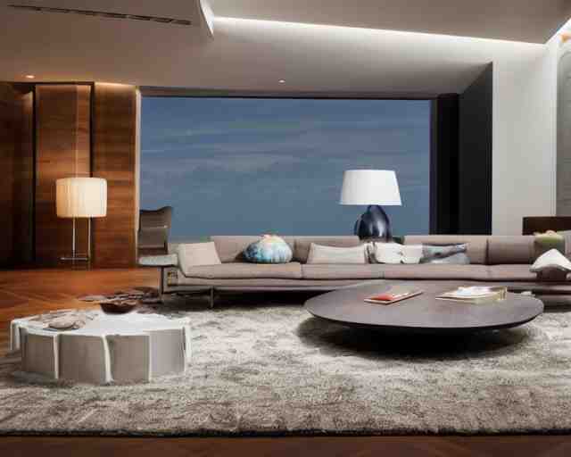 A modern living room inspired by the ocean, a luxurious wooden coffee table with large seashells on top in the center, amazing detail, 8k resolution, calm, relaxed style, harmony, wide angle shot