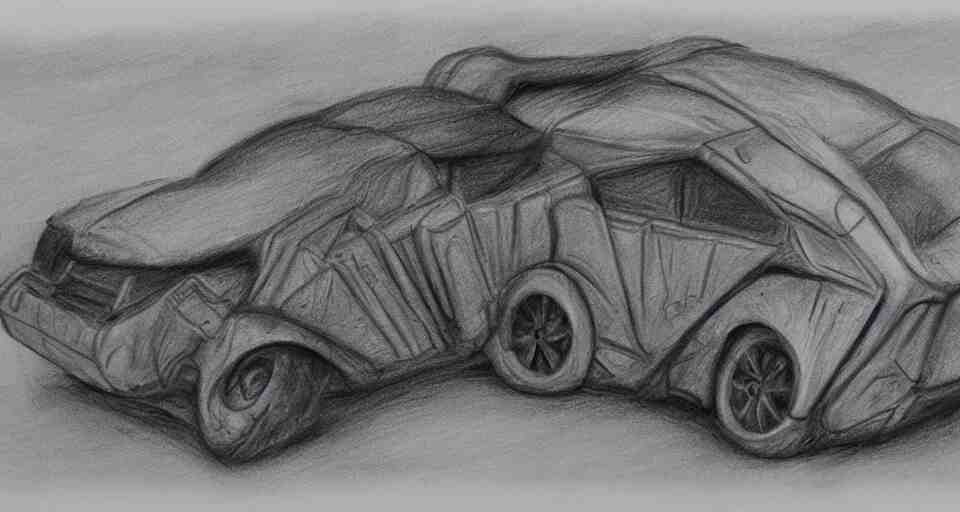 graphite drawing of a stylized cartoony fury road car 